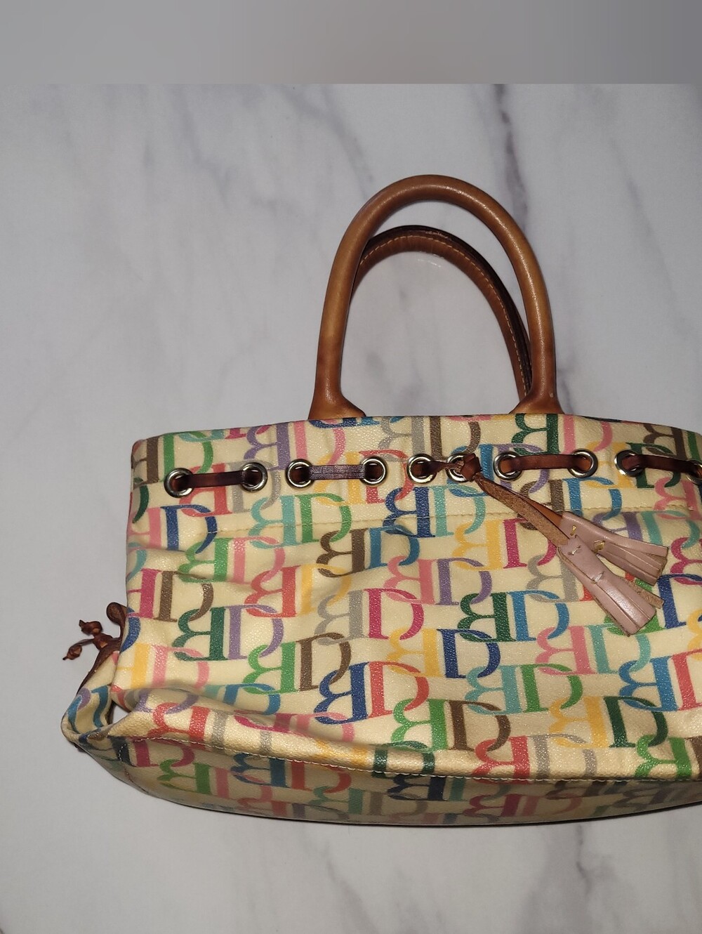 Dooney & Bourke Multicolor Logo Canvas Tote with Tan Leather Handles